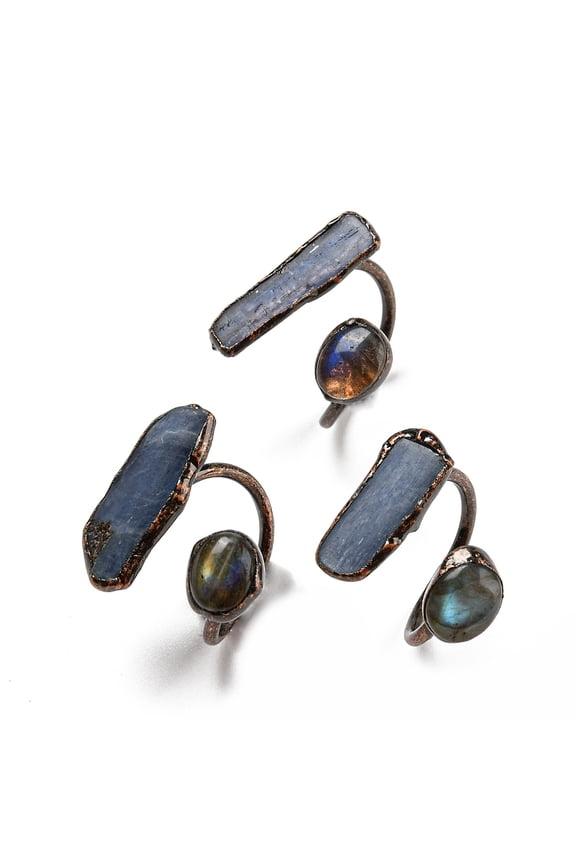3pcs Kyanite/Cyanite/Disthene Oval & Labradorite Nugget Open Cuff Rings Red Copper Tin Finger Ring Cadmium Free & Lead Free Inner Diameter: 20mm