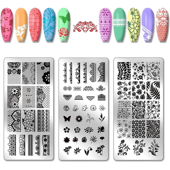 3pcs Lace Pattern Nail Stamp Plate Flower Plant Nails Art Stencils Stainless Steel Nail Image Plate Lace Flower Pattern Print Art Template for Women DIY Printing 4.7x2.3 inch