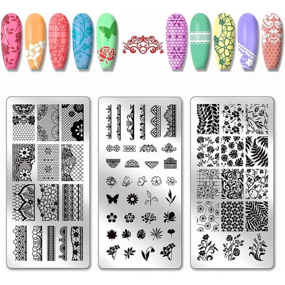 3pcs Lace Pattern Nail Stamp Plate Flower Plant Nails Art Stencils Stainless Steel Nail Image Plate Lace Flower Pattern Print Art Template for Women DIY Printing 4.7x2.3 inch diy