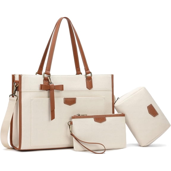3pcs Laptop Bag for Women,15.6 Inch Canvas Tote Work Bags Large Business Computer Briefcase Shoulder Handbag Purse