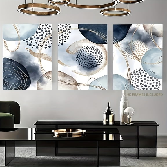 3pcs Large Abstract Space-Themed Blue & Brown Geometric Wall Art - Modern Minimalist Canvas Prints, Frameless 2D Flat Design for Living Room, Bedroom, Bathroom, Office - Indoor/outdoor Holiday Decor