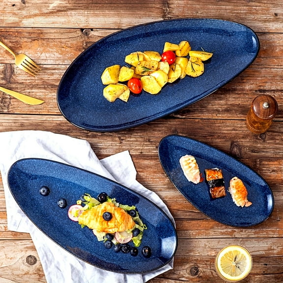 3pcs, Large Oval Serving Platters, 16"/14"/10" Porcelain Serving Platters For Party, BBQ, Stackable Serving Trays Serving Plates For Restaurant, Appetizers, Dessert, Sushi, Tableware Set
