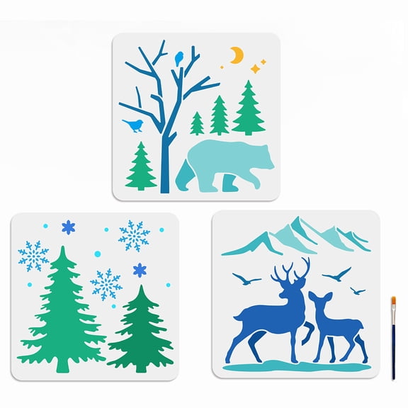 3pcs Large Pine Tree Bear Deer Stencils 11.811.8inch Forest Wildlife Animal Stencils with Paint Brush Mountain Bird Snowflake Pattern