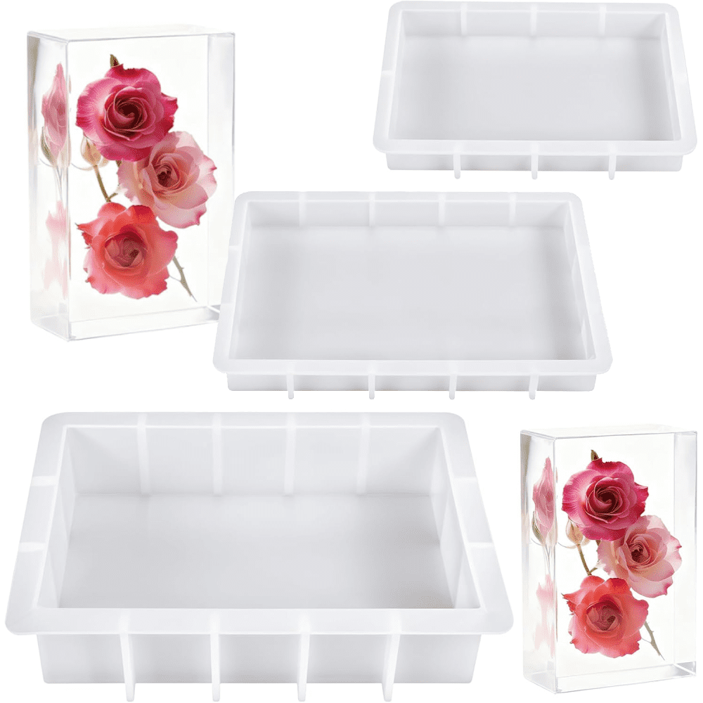 3pcs Large Rectangular Resin Molds, Epoxy Resin Casting Craft Silicone Molds, Crystal Deep Casting Epoxy Mold for Flower Preservation Bookends DIY Art Home Decor, DIY Wedding Bouquets