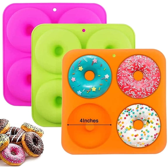 3 Pcs 4 Inches Large Size Donut Pan,Silicone Donut Molds for Baking,Full Size Non Stick Bagel Pan,4-Cavity Doughnut Trays for Bagels,Heat Resistant Cake Biscuit Molds