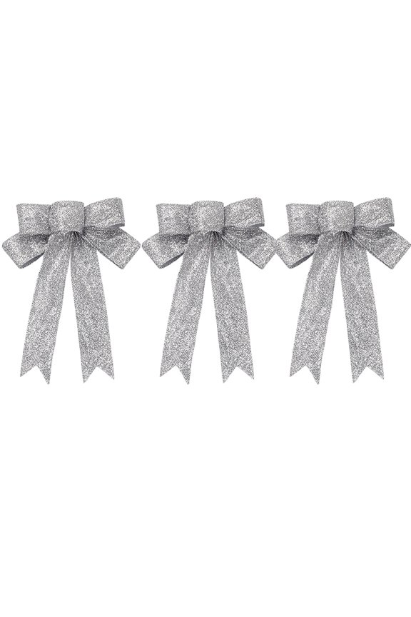 3pcs Large Valentine's Day Bows,9Inch Glitter Valentine's Day Wreath Bows for Gifts,Tree Topper Decor,Party Supplies Decor-Silver