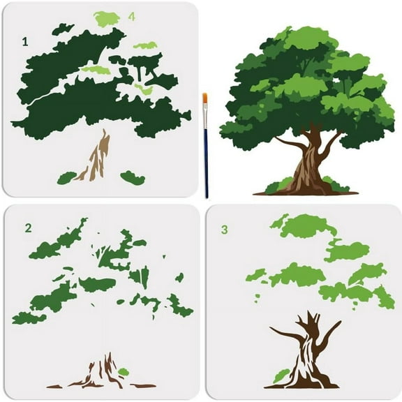 3pcs Layered Tree Stencil Template 11.8×11.8inch Large Natural Hierarchical Tree Stencil Reusable Lush Tree Branch Drawing Templates with Paint Brush for Furniture Home Decor DIY Crafts