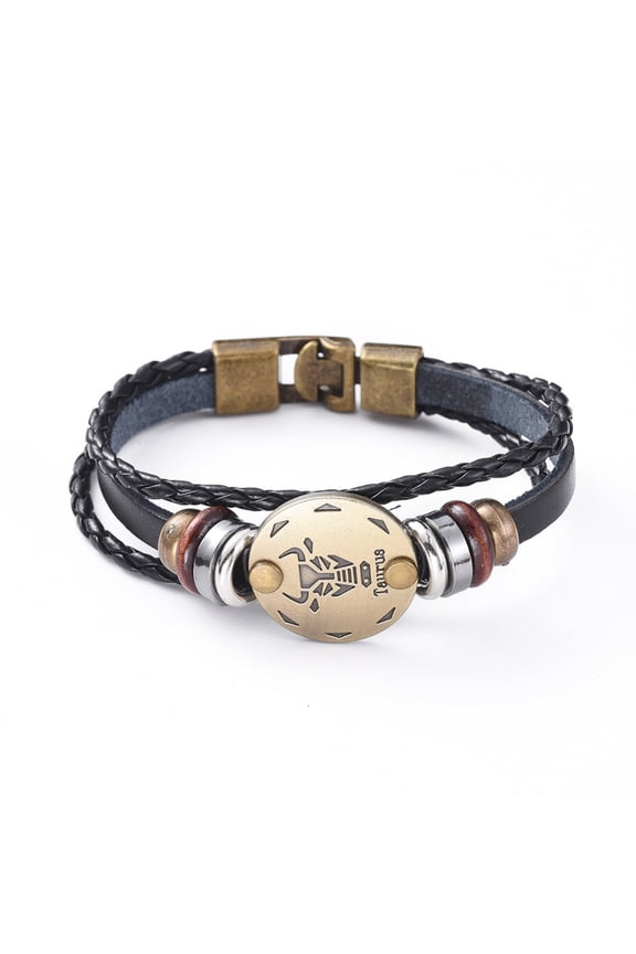 3pcs Leather Cord Retro Multi-strand Bracelets with Wood Beads Hematite Beads and Alloy Findings Flat Round Antique Bronze Taurus 8-1/4 inch(21cm)