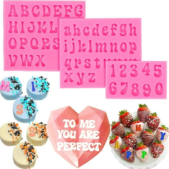 3pcs Letter Molds for Chocolate Covered Strawberries, Silicone Uppercase Lowercase Alphabet Number Fondant Mold for Making Candy, Gummy, Biscuit, Ice Cube Tray, Cake Decorations