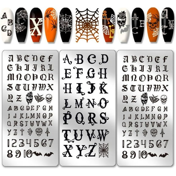 3pcs Letter Nail Stamping Plates Font Letters Number Nails Image Plates Gothic Style Skull Manicure Art Templates Alphabet Nail Art Stencils for Women Manicures DIY Design Printing