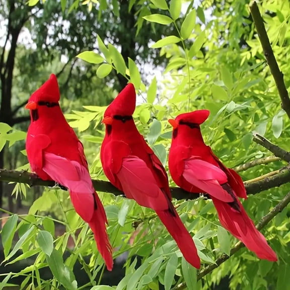 3pcs Lifelike Artificial Red Cardinal Birds Vibrant Hanging Ornaments for Home Garden Decor Realistic Feather Design Bird Decor