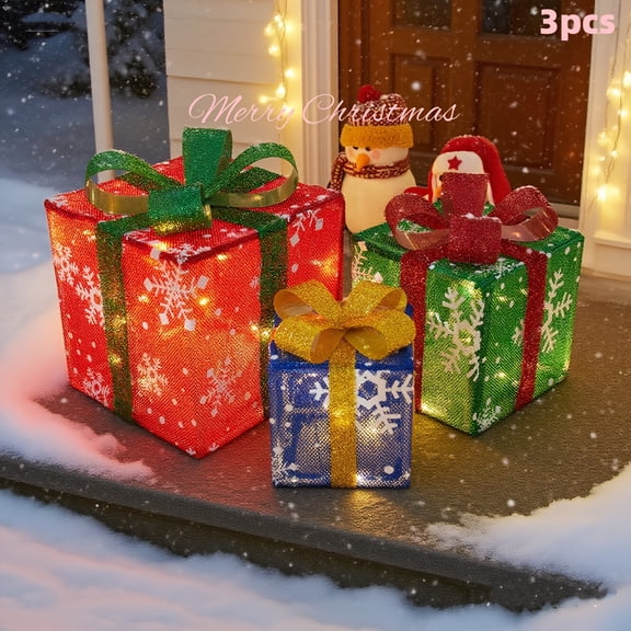 Lighted Christmas Gift Box Set with Warm LED Lights & Snowy Bows - Battery Powered Indoor Outdoor Decor with Stake, Cordless Holiday Decorations for Tree Yard Home