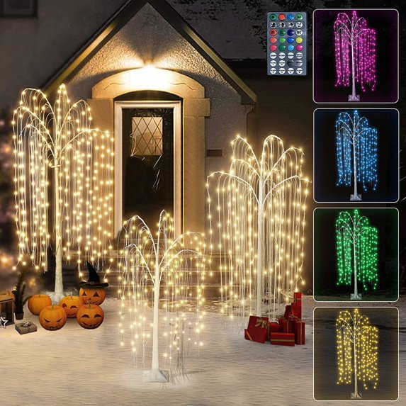 3pcs Lighted Willow Tree, 4ft/5ft/6ft Colorful LED Birch Tree for Christmas Decoration,RGB Led Tree with Remote Weeping Willow Tree Christmas Tree Halloween Tree, White