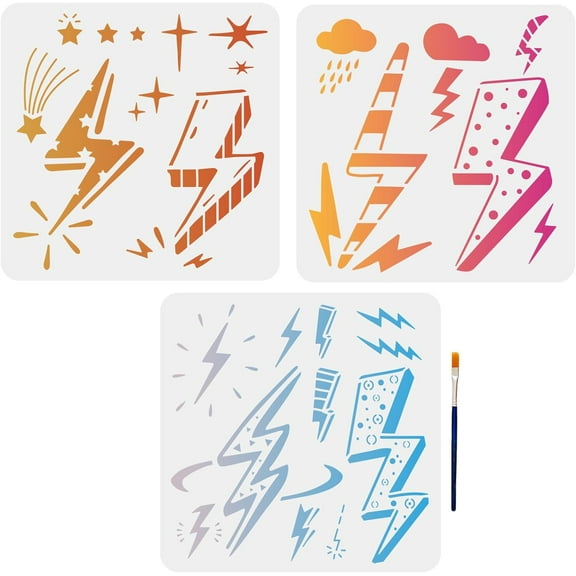 3pcs Lightning Bolt Stencil Dark Cloud Rain Star Nature Weather Storm Drawing Templates 11.811.8inch with Paint Brush on Wall Wood Glass Fabric Paper White