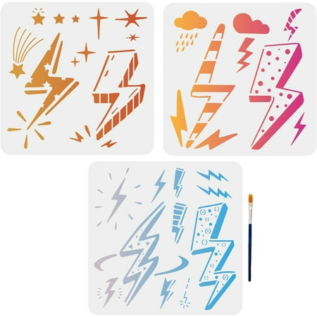 3pcs Lightning Bolt Stencil Dark Cloud Rain Star Nature Weather Storm Drawing Templates 11.8×11.8inch with Paint Brush on Wall Wood Glass Fabric Paper
