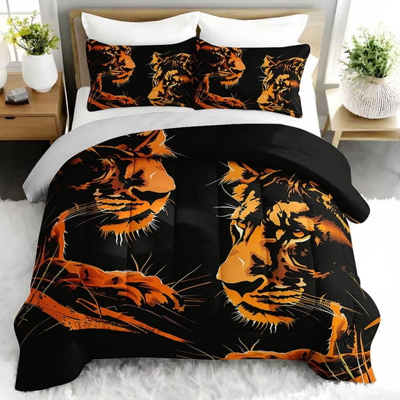 3pcs Lion Print Comforter Set, Majestic Tiger Bedding Set for Bedroom or Guest Room Decor, All Seasons Quilt Machine Washable Duvet with 2 Pillowcases