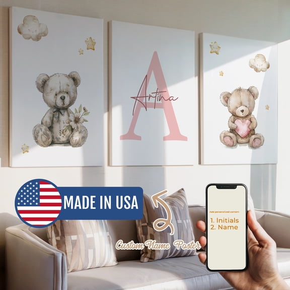 3pcs Little Bear Starry Sky Custom Name Decorative Painting, Canvas 16x24inch Unframe, Waterproof Wall Art for Home Decor-Made in USA