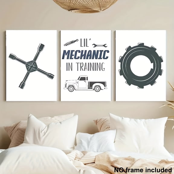 3pcs Living Room Decorative Paintings, 2D Frameless Canvas Art, 3pcs Canvas Options, Modern Space Art Quality Mechanical Printing, Repair Tools, Cross Wrench, Gear, Wrench, Spring, Truck, Car Repair