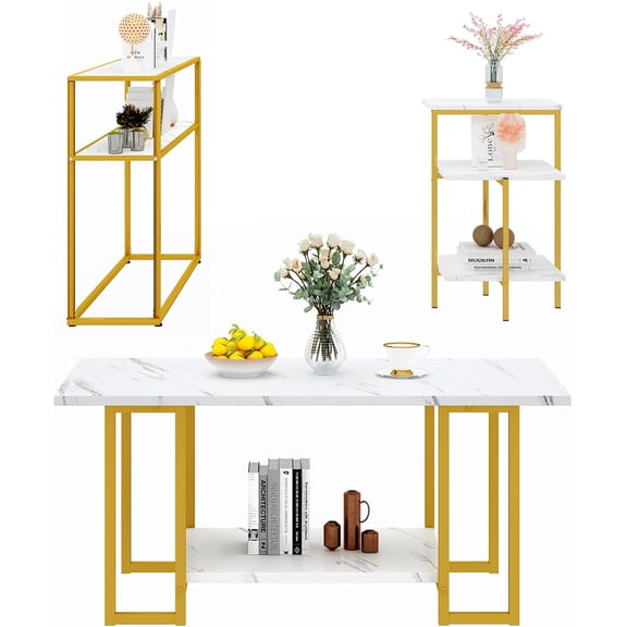 3pcs Living Room Table Set, Faux Marble White Coffee Table & 3-Tier End Table & Console Tables & Gold Metal Frame for Home Living Room Office Entryway - Rectangle End