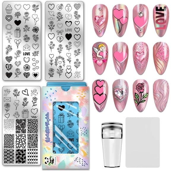 3pcs Love Heart Heart Nail Stamping Templates Rose Flower Nail Art Templates Valentine's Day Stencils Angel Stainless Steel Image Plates Tool
