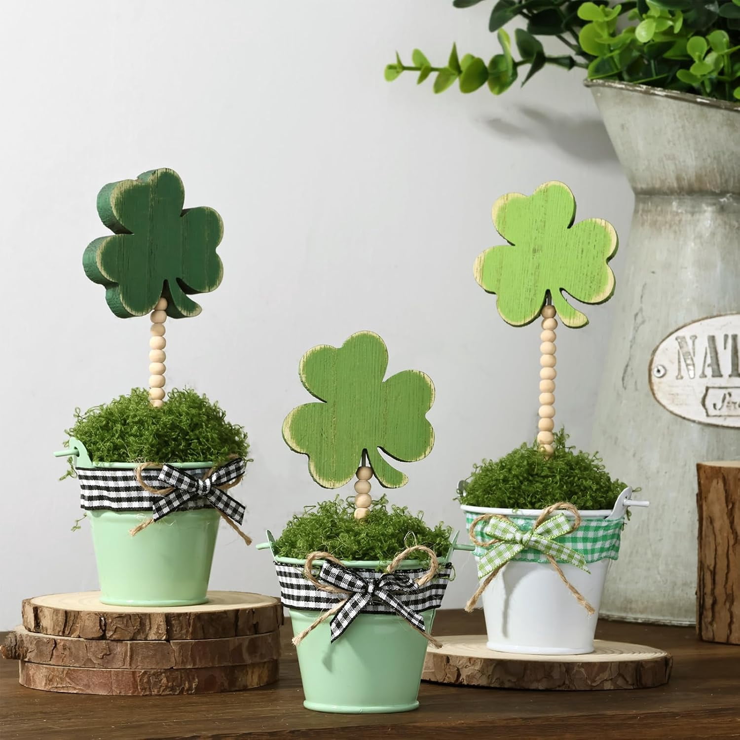3pcs Lucky Shamrock Artificial Potted Plants, Wooden Sign on Stand, Fake Moss Freestanding Wood Table Decorations, St. Patrick's Day Decor for Gift, Desk, Party, Home
