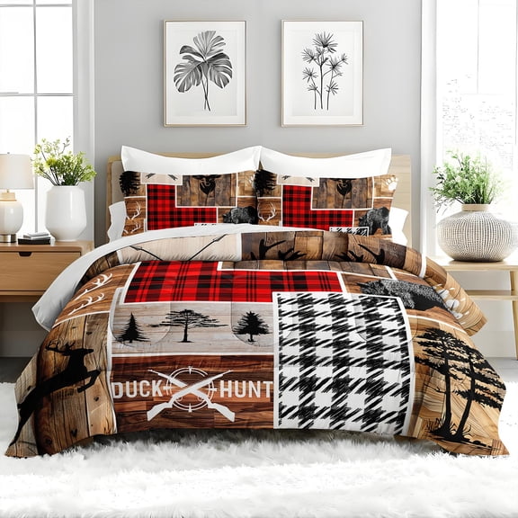 3pcs Lumberjack Buffalo Plaid Bear Deer Forest Trees Houndstooth Comforter Set, Rustic Woodland Bedding Set for Bedroom or Room Decor, All Seasons Quilt Machine Washable Duvet with 2 Pillowcases