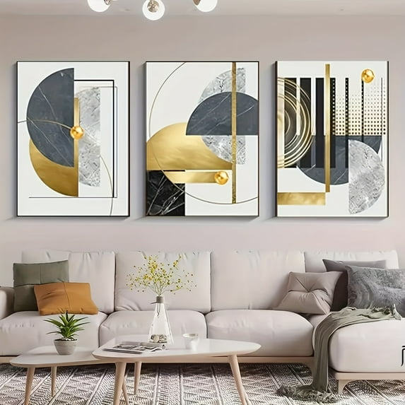 3pcs Luxury Golden & Black Geometric Canvas Art Set - Frameless Abstract Wall Decor, Modern Minimalist Style for Living Room, Bedroom, Dining Area, Room Decor