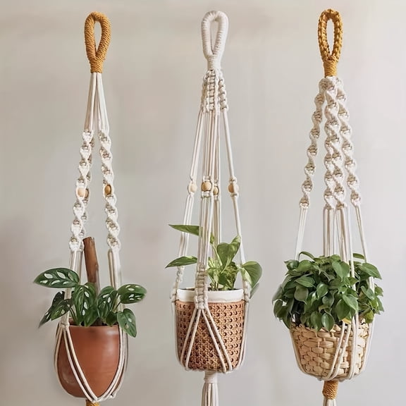 3pcs Macrame Plant Hanger Indoor Set, Boho Decor Hanging Planters for Indoor Plants, Cotton Rope Hanging Planter Basket Flower Potwith Tassels, 35.4in, Natural Beige, for Living Room/ Balcony/ Office