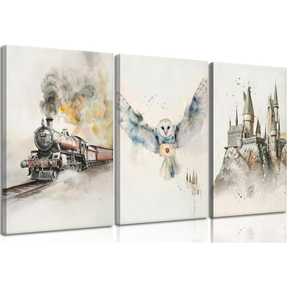3pcs Magic Nursery Canvas wall art Express train Snowy owl Magic castle Painting Wall Decor Neutral watercolor Poster Print Artwork for Kid Baby Nursery Home Decoration
