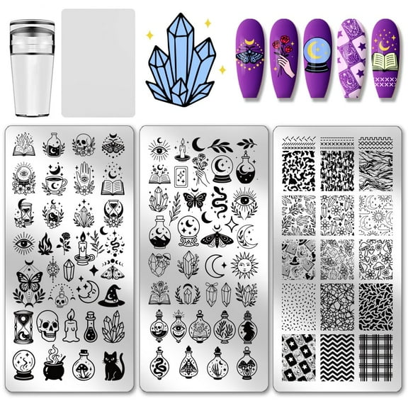 3pcs Magic-themed Nail Stamping Plate Set Magic Potions Art Templates Crystal Skull Sun Eyes Nail Art Stencils with Stamper and Scraper