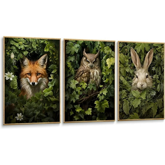 3pcs Magical Forest Animal Canvas Wall Art Retro Wild Cottagecore Animals Posters Prints green Adventure Theme Pictures Paintings Fox Owl Rabbit Wall Decor for Bedroom Home Decoration