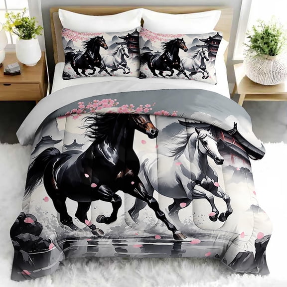 3pcs Majestic Horse Comforter Set, Oriental Cherry Blossom Bedding Set for Bedroom or Guest Room Decor, All Seasons Quilt Machine Washable Duvet with 2 Pillowcases