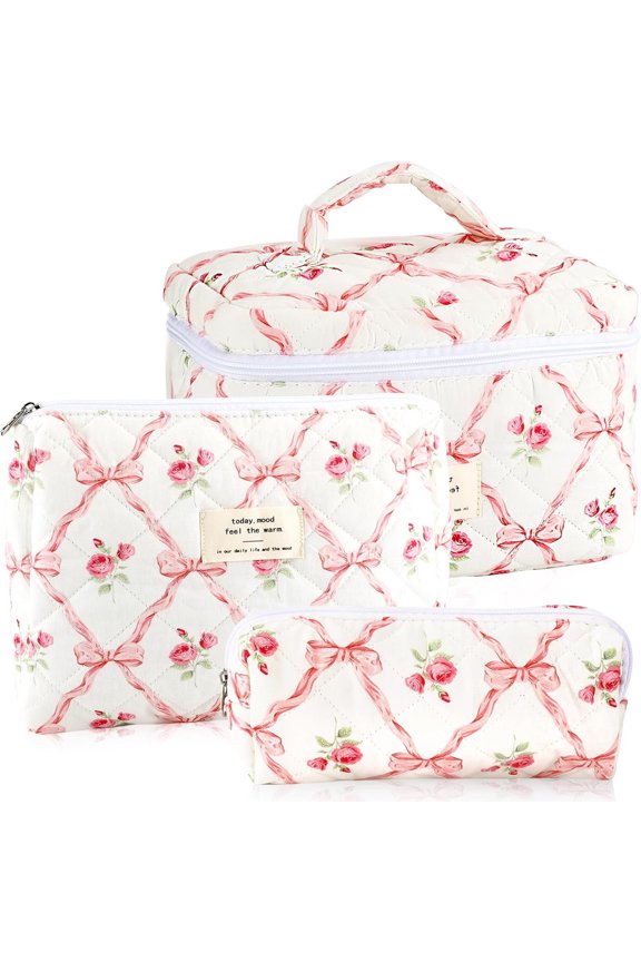3pcs Makeup Bag Quilted Cosmetic Bag Set Bow Travel Large Makeup Pouch for Women Cute Portable Cotton Toiletry Bag Skincare Organizer Coquette Vintage Travel Essential