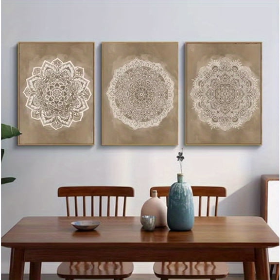 3pcs Mandala Boho Wall Art Canvas Painting Poster Print Brown for Rustic Bedroom Office Home Decor Pictures Bathroom Geometry, Valentine'S day, Easter eggs, Poster Unframes