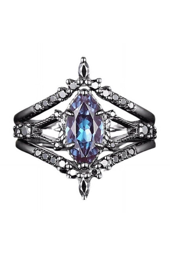 3pcs Marquise Cut Alexandrite Engagement Ring Set in 14K Black Gold Vermeil- lack Diamond Ring Enhancer