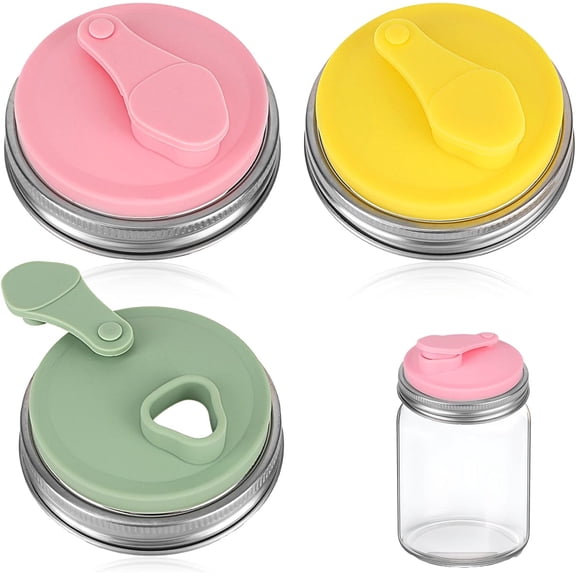 3pcs Mason Jar Drinking Lids, Stainless Steel Wide Mouth Sip Lid with Heat-Resistant Silicone Cover & Flip Top No Leak Mason Jar Flip Cap Lids for Drinks & Coffee, Easy to Clean (3 Colors)