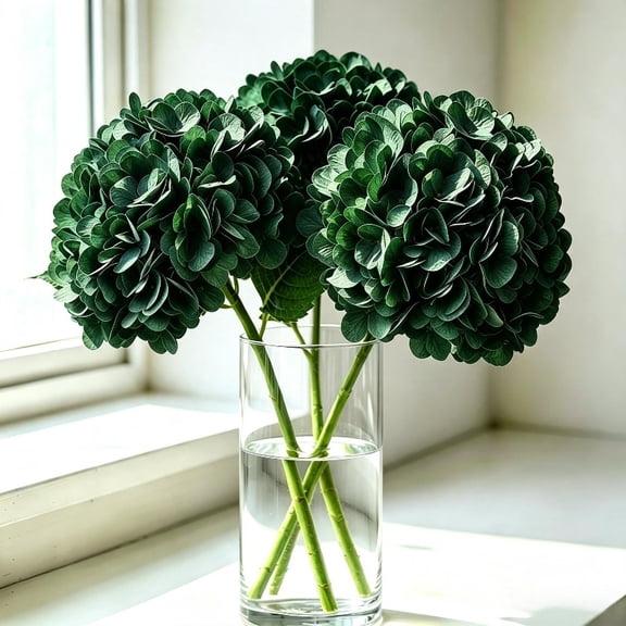 3pcs Medium Dark Green (144 Petals) PREMIUM HYDRANGEA ARTIFICIAL FLOWER WITH MOISTURE TOUCH, Lifelike Faux Bloom for Wedding Decor Home Living Room Table Centerpiece