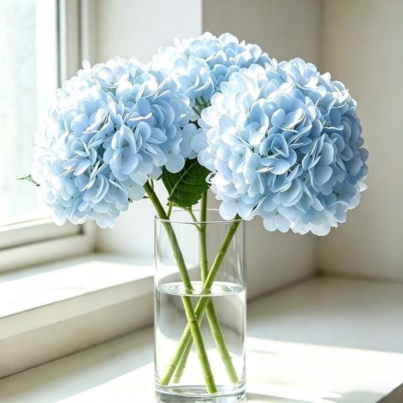 3pcs Medium Light Blue (144 Petals) PREMIUM HYDRANGEA ARTIFICIAL FLOWER WITH MOISTURE TOUCH, Lifelike Faux Bloom for Wedding Decor Home Living Room Table Centerpiece