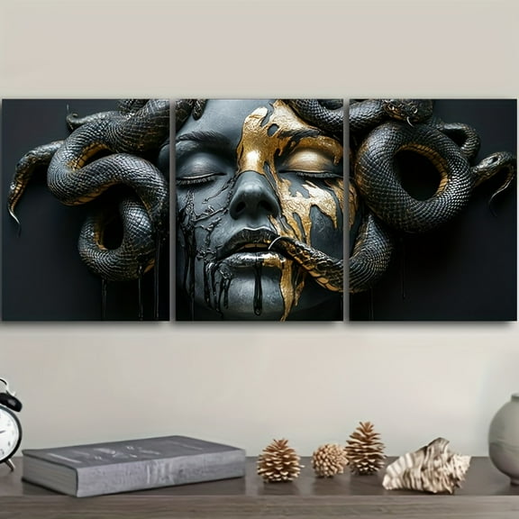 3pcs Greek Mythology Medusa Wall Art Set - Black & Golden Vertical Canvas Paintings, Frameless Modern Abstract Snake Hair Medusa Face Triptych for Home Office Bedroom Decor, Minimalist Greek Key Ins