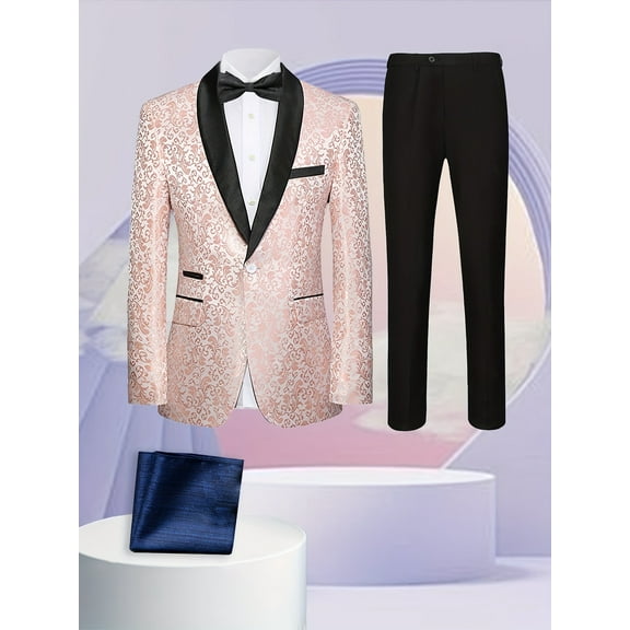 3pcs Men Suit Jacquard Tuxedo Pants Kerchief Shawl Collar One Button Flap Pocket for Wedding Party Prom Celebration Men Fashion Attire