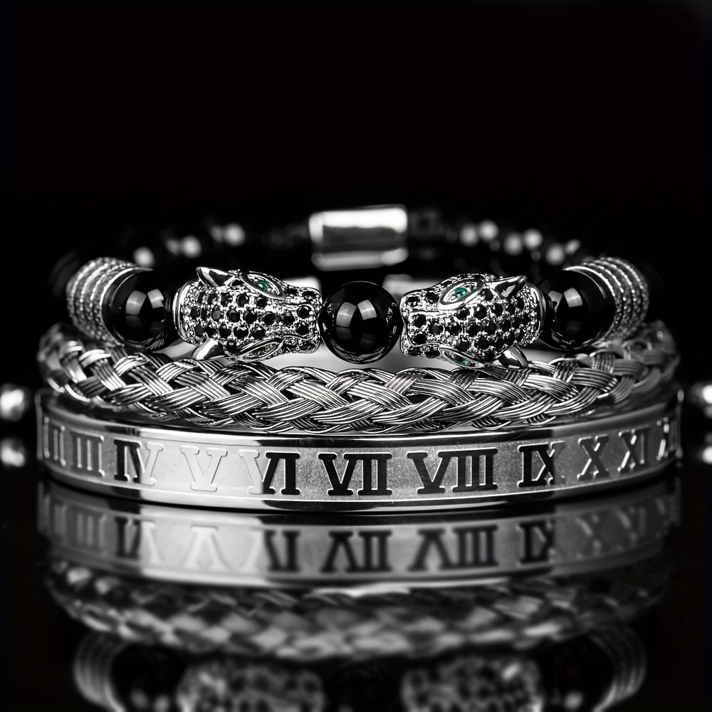 3pcs Men's Black Agate Beads Double Leopard Head Braided Bracelet, Roman Numerals Bracelet Set Retro Style