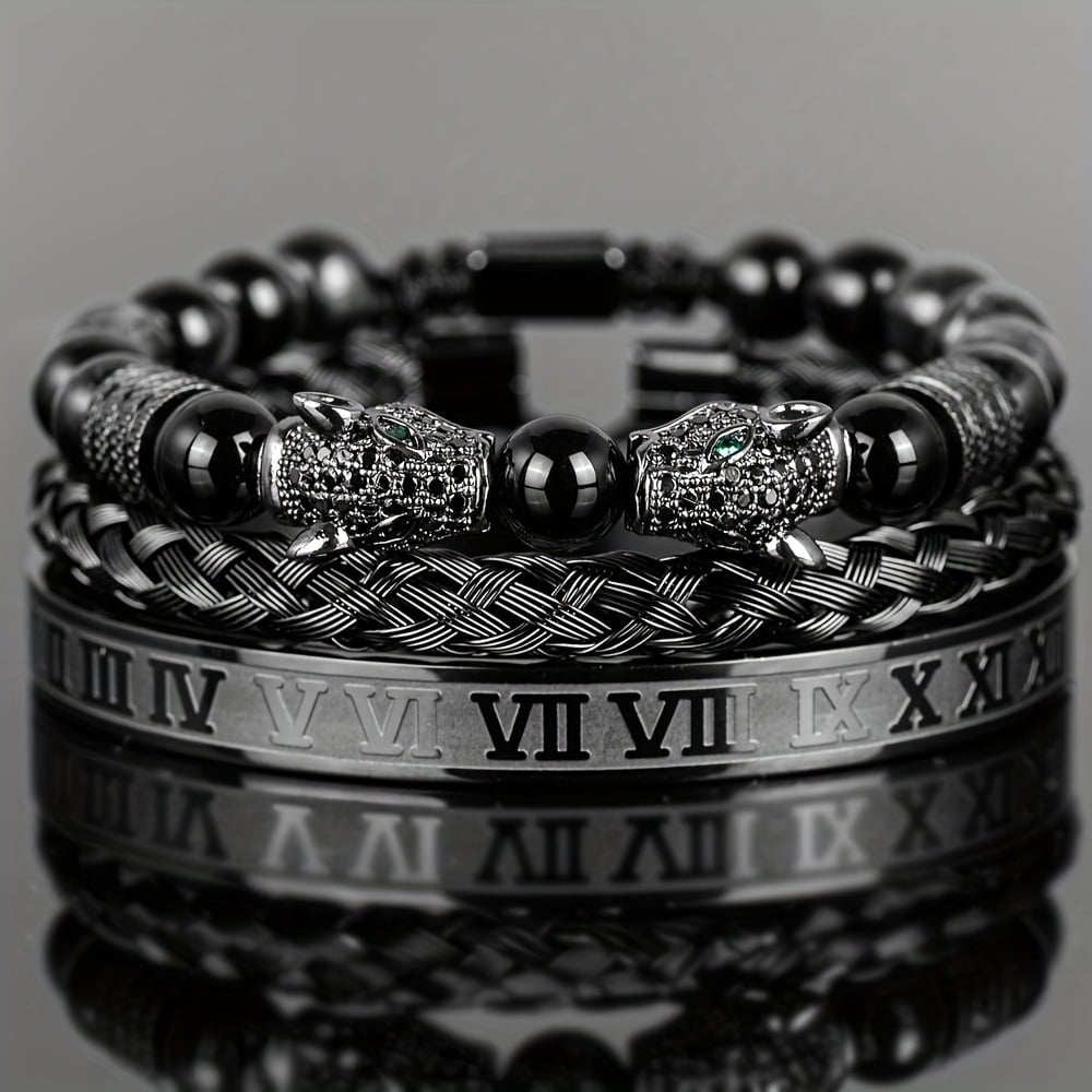 3pcs Men's Black Agate Beads Double Leopard Head Braided Bracelet, Roman Numerals Bracelet Set Retro Style
