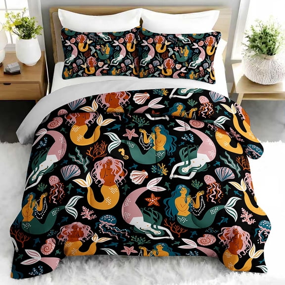 3pcs Mermaid Comforter Set, Fantasy Underwater Bedding Set for Bedroom or Guest Room Decor, All Seasons Quilt Machine Washable Duvet with 2 Pillowcases