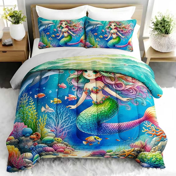 3pcs Mermaid Dolphin Comforter Set, Underwater Bedding Set for Bedroom or Guest Room Decor, All Seasons Quilt Machine Washable Duvet with 2 Pillowcases