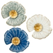 3pcs Metal Blue Floral Wall Art 11.8" Gold Wall Decor White and Gold Wall Sculptures Modern Accent Hanging Home Decorations