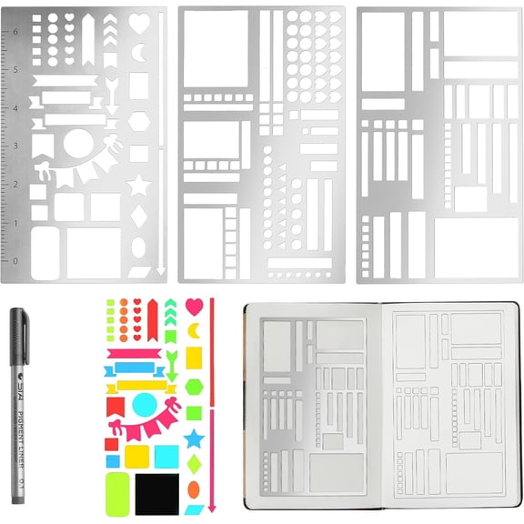 3pcs Metal Planner Stencil Set-Journal Stencil Templates with Ruler for Bullet Journaling, Habit Tracking, Weekly & Monthly Spreads, A5 Notebook Accessories, Rustproof Stainless Steel Design1 Pen