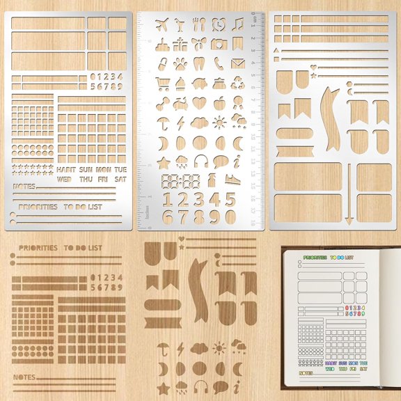 3pcs Metal Planner Stencils Templates Rulers for Bullet Journaling, Habit Tracker, Weekly-Monthly Spreads, DIY Scrapbooking, A5 Notebooks (Style 1)