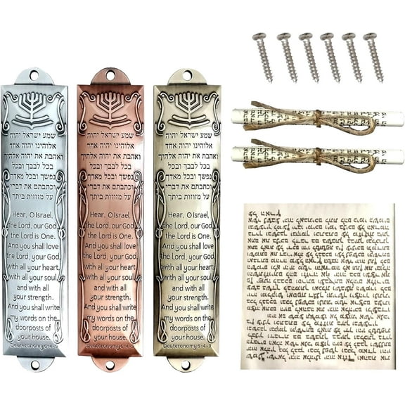 3pcs Mezuzah Metal Blessing Mezuzah Case with Scroll English & Hebrew Blessing Scripture for Decorating House, 5.3" Height