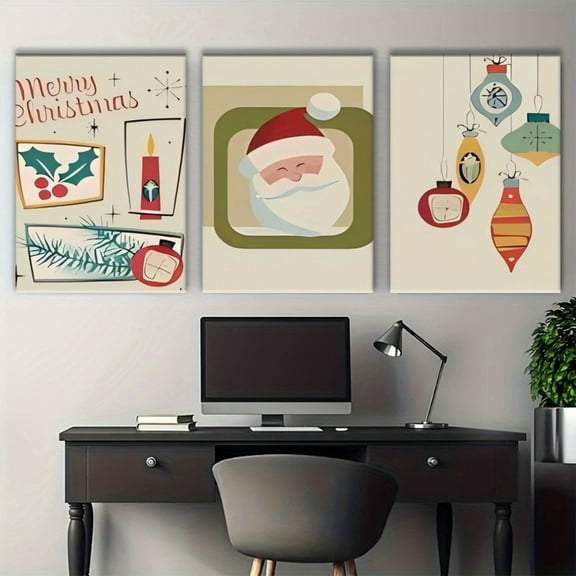 3pcs Mid-Century Modern Christmas Wall Art Set, Festive Santa & Holiday Ornaments Canvas Prints, Frameless Landscape Theme, Unframed Decor for Living Room, Dining, Bedroom