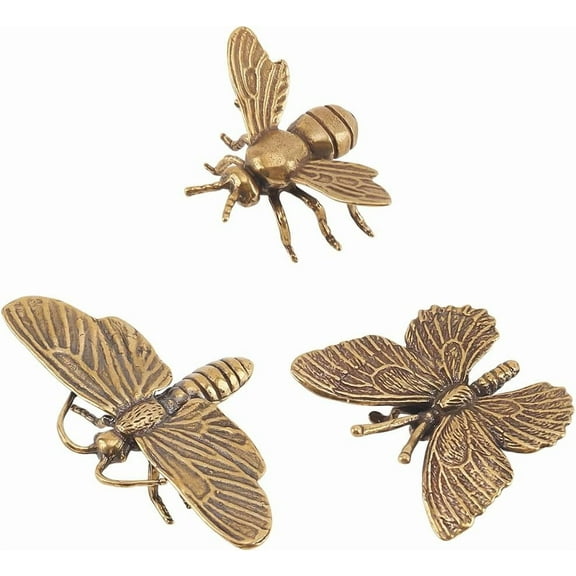 3pcs Mini Bee Sculpture Brass Dragonfly Butterfly Decor Ornament Retro Honeybee Good Luck Animal Figure Statues DIY
